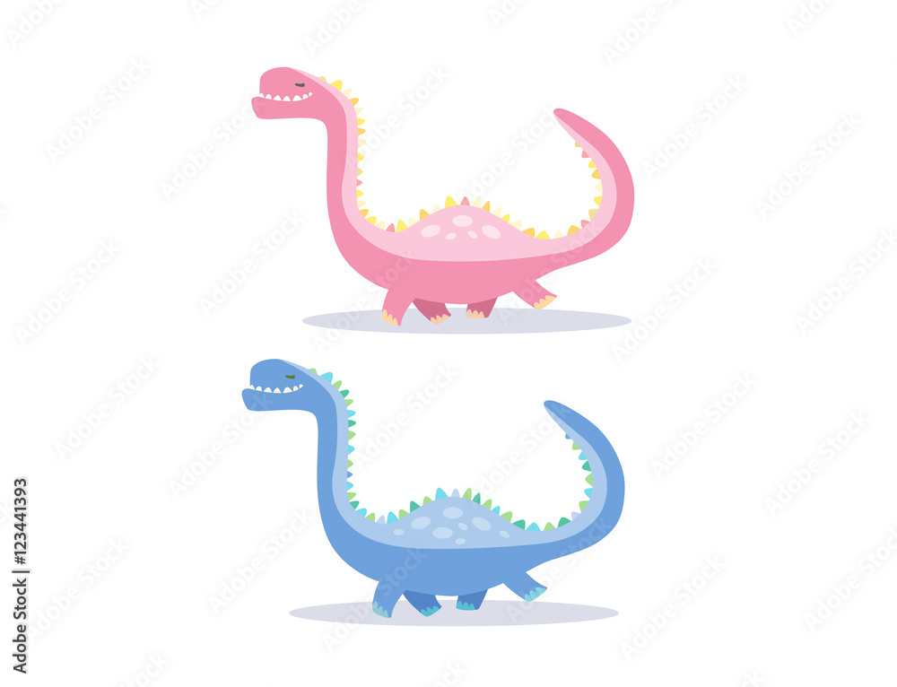 Cute illustration of two dinosaurs, blue and pink, funny characters for children goods and fashion.