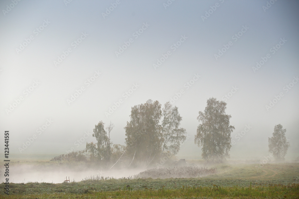 October autumn fields and meadows. Fog on the river October autumn fields and meadows. Fog on the river
