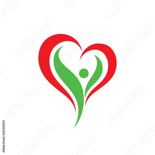 Green leaves and red heart - vector logo template. Abstract human shapes. Floral flower sign. Design element.