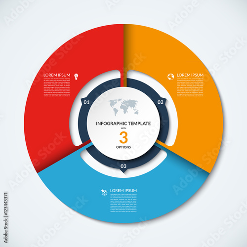 Circle infographic template. Vector layout with 3 options. Can be used for cycle diagram, round chart, graph, annual report, presentation, web design, step by step infographics