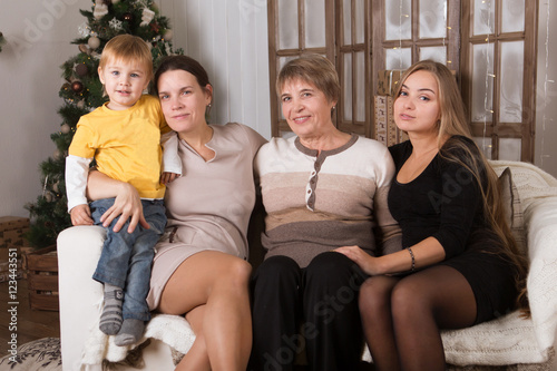 Portrait of happy multigeneration family in front of Christmas tree sitting in house     © ulza