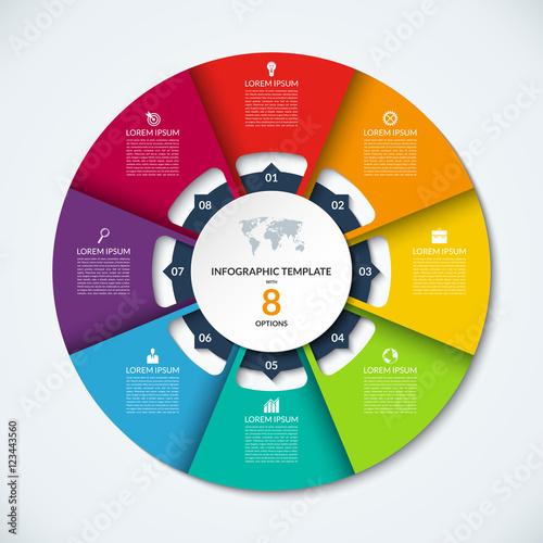 Circle infographic template. Vector layout with 8 options. Can be used for cycle diagram, round chart, graph, annual report, presentation, web design, step by step infographics