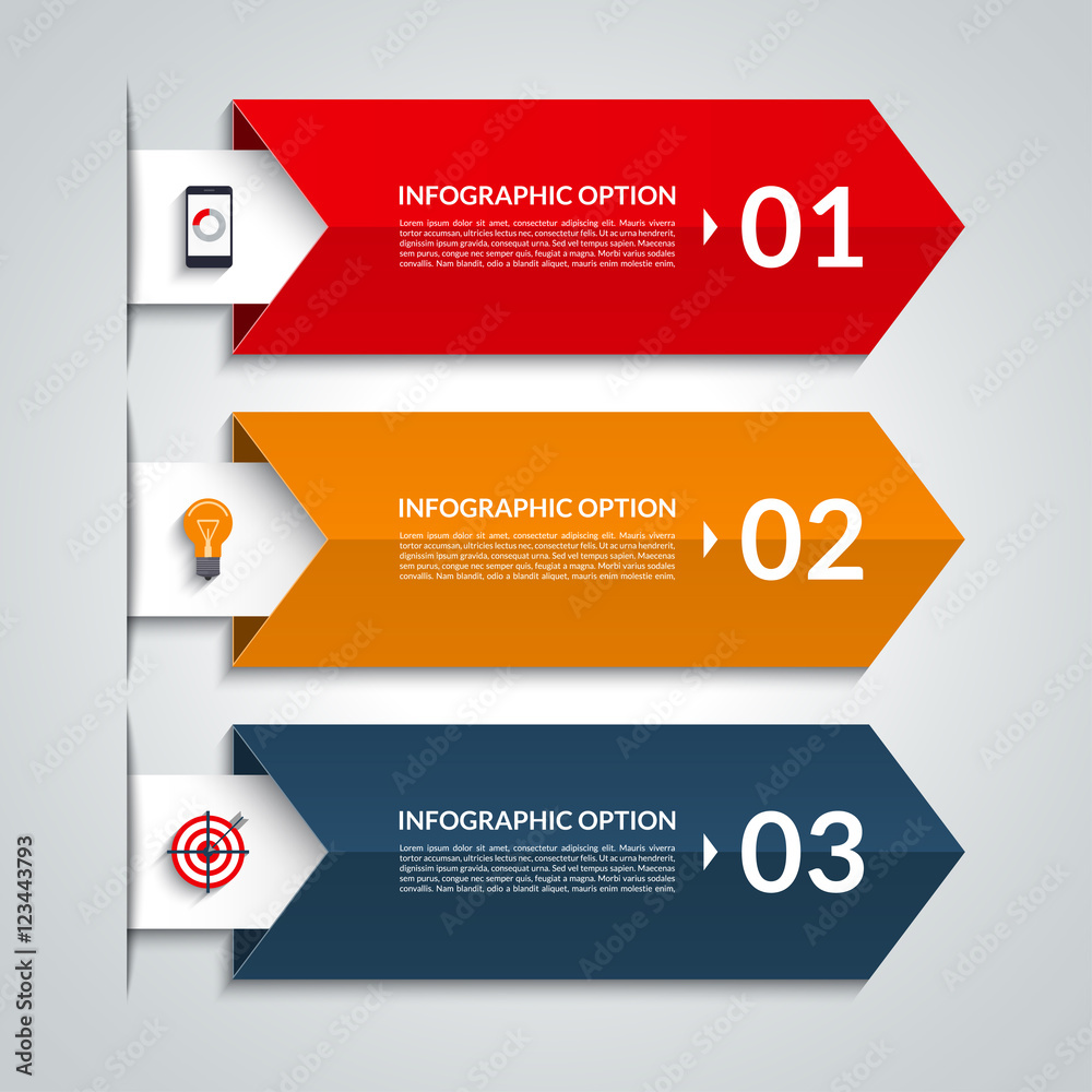 Arrow infographic options banner. Vector template with 3 steps, parts, stages. Can be used for workflow layout, diagram, graph, number and step options, web design. Origami style Arrow infographic options banner. Vector template with 3 steps, parts, stages. Can be used for workflow layout, diagram, graph, number and step options, web design. Origami style