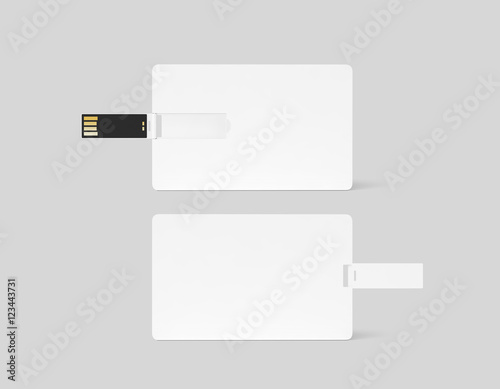 Fényképezés Blank white plastic wafer usb card design mockup, front, back side view, clipping path, 3d rendering