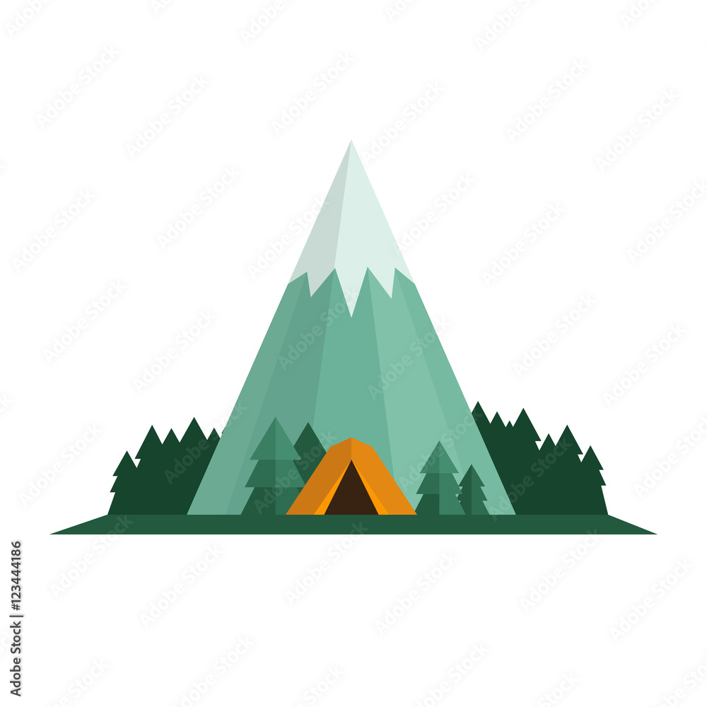 Camping, trekking and hiking concept. Tent, forest and mountain landscape. Flat style, vector illustration.