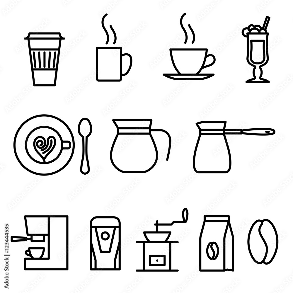 Thin line flat coffee icons set Thin line flat coffee icons set