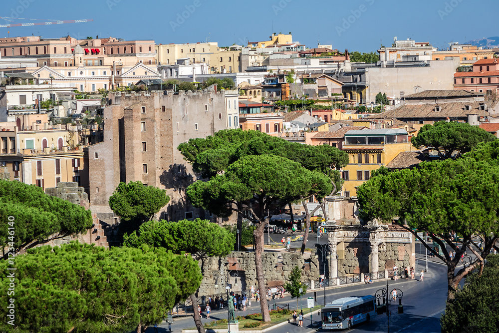 Panoramic View of Rome with Imperial Fora in foreground. Italy.