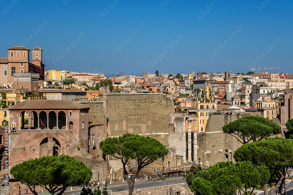 Panoramic View of Rome with Imperial Fora in foreground. Italy.