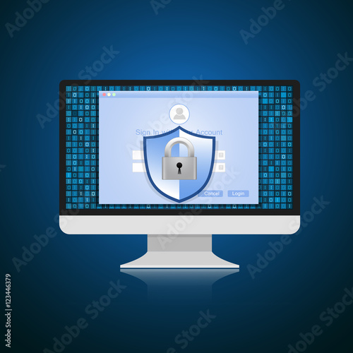 Concept is data security. Shield on computer protect sensitive d