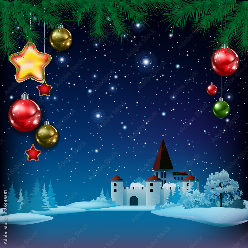 Christmas greeting with pine branch and castle Christmas greeting with pine branch and castle