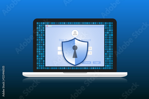 Concept is data security. Shield on Labtop protect sensitive dat