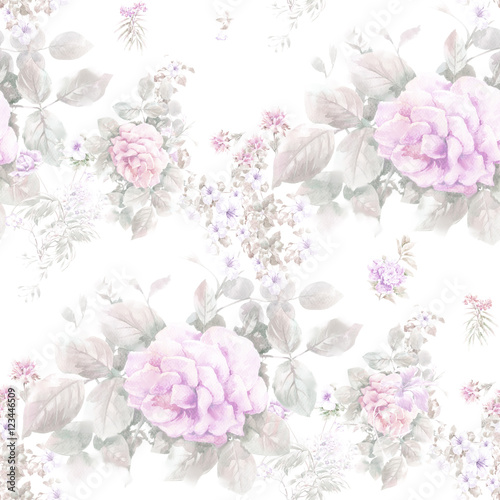Watercolor painting of leaf and flowers  seamless pattern on white background