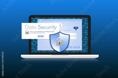 Concept is data security. Shield on Labtop protect sensitive dat