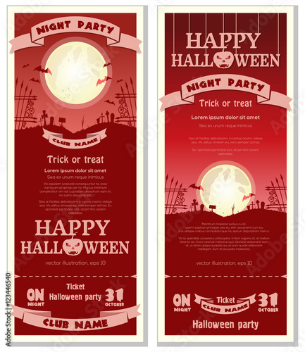 Red invitation card for Halloween night party. Full moon over the cemetery. Vector illustration