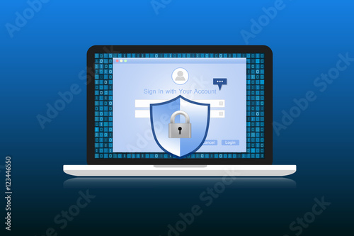 Concept is data security. Shield on Labtop protect sensitive dat