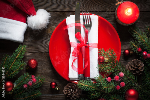 Christmas table setting with christmas decorations. photo