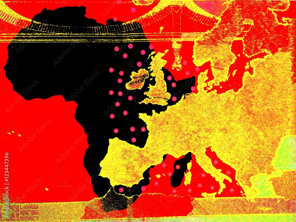Obraz premium The African policy of Europe - Behind a golden European map the map of Africa is visible in black against a red background.