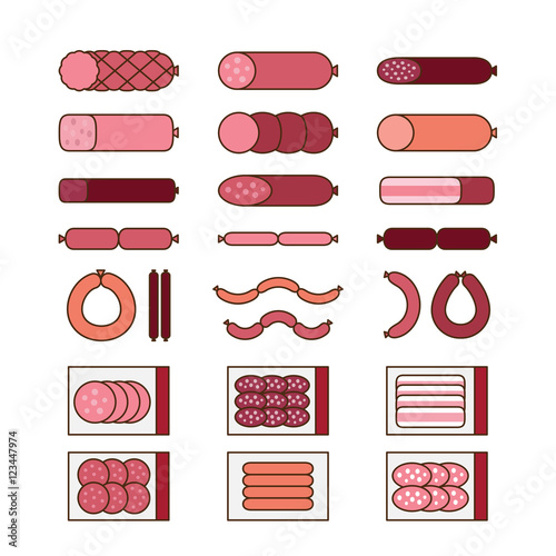 Sausages collection. Various sausages and meat products icon set