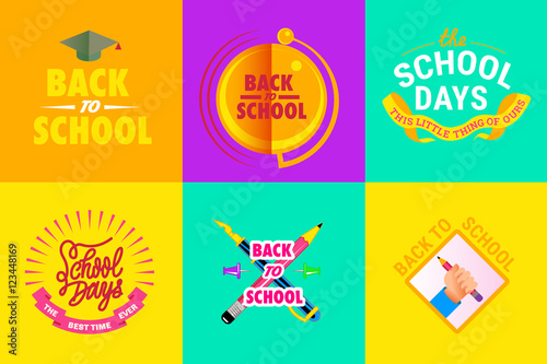 set of poster school theme with student tools   bell  text