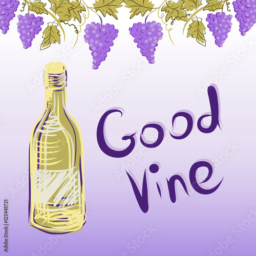 Stylized graphic image of a vine with grapes. Decorative square frame with branch of grapes, grape leaves. Good vine. Vector image.