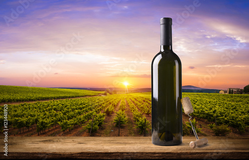 Fototapeta Naklejka Na Ścianę i Meble -  Red wine with barrel on vineyard in green Tuscany, Italy