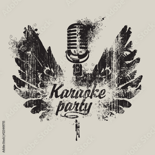 banner karaoke party with a microphone and wings in spots and splashes