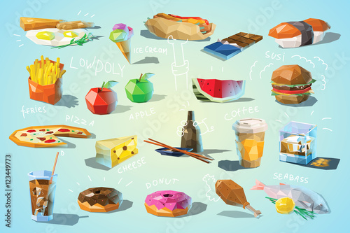Vector set of polygonal food and drink illustration, modern low poly icons, fast food, japanese cuisine, coffee, coke, fruits, sweets, fish, isolated different dishes, breakfast, cheese, pizza