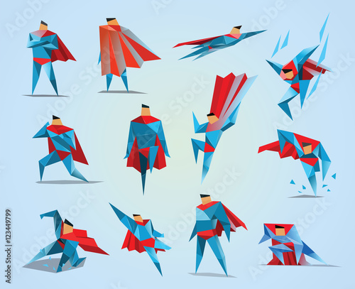 Superhero actions icon set in low poly style, different poses, vector polygonal illustration