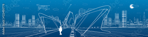 Two cargo ships loading, boats on the water, sea harbor, airplane fly, transportation illustration, people people go on the pier, vector design art
