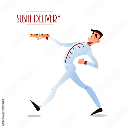Sushi delivery poster. Sushi menu design. Japanese sushi delivers. Bright cheerful character in a flat style