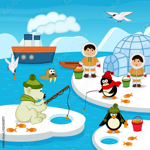 Eskimos and animals catch fish - vector illustration, eps