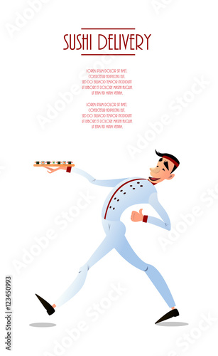Sushi delivery poster. Sushi menu design. Japanese sushi delivers. Bright cheerful character in a flat style