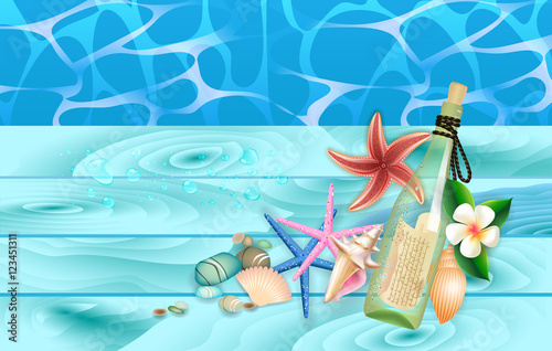 bottle with letter inside  sea stones, starfishes and shel