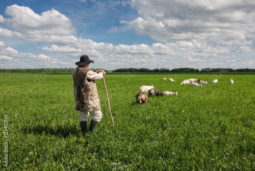 Fotografie Shepherd and herd of goats on a pasture