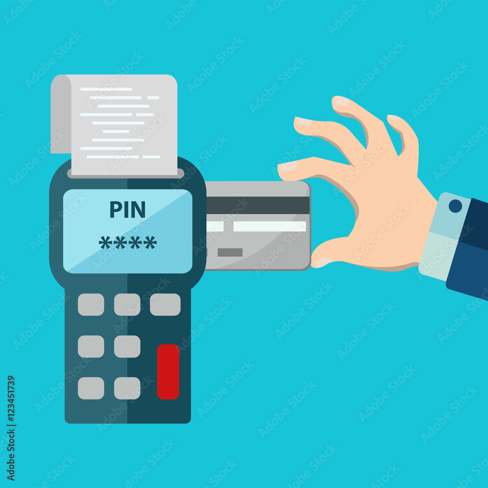 Hand inserting credit card to a POS terminal, entering pin code and printing receipt. Flat style isometric vector icon. Hand inserting credit card to a POS terminal, entering pin code and printing receipt. Flat style isometric vector icon.