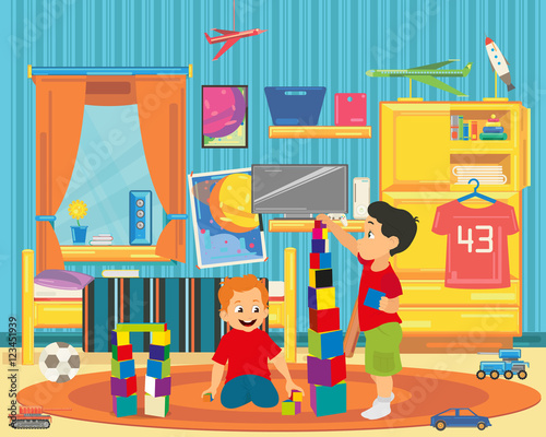 brothers are playing with toys.