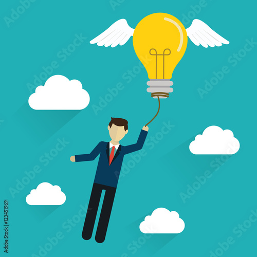 Idea concept flat design. Business man with flying idea.