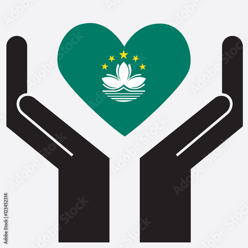 Hand showing Macau flag in a heart shape. Vector illustration. 