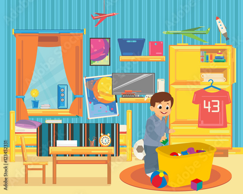 Boy takes away the toys in a box in the games room.