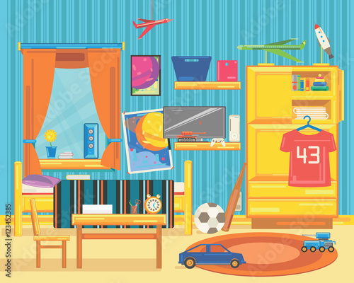 large children's room with furniture, window and toys.