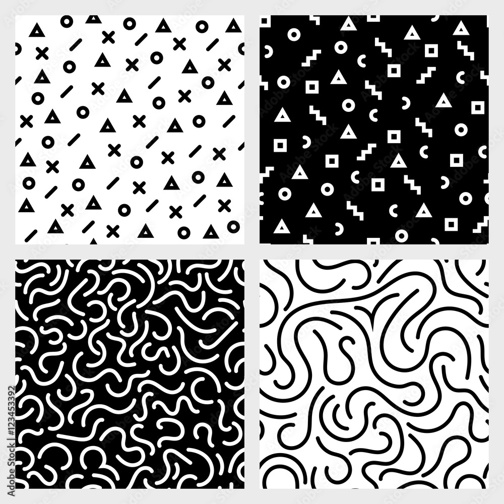 Monochrome seamless patterns vector set with abstract geometric shapes and strokes repetitive backgrounds