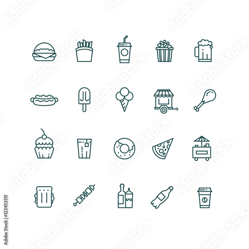 Fast food and snack thin line vector icons set