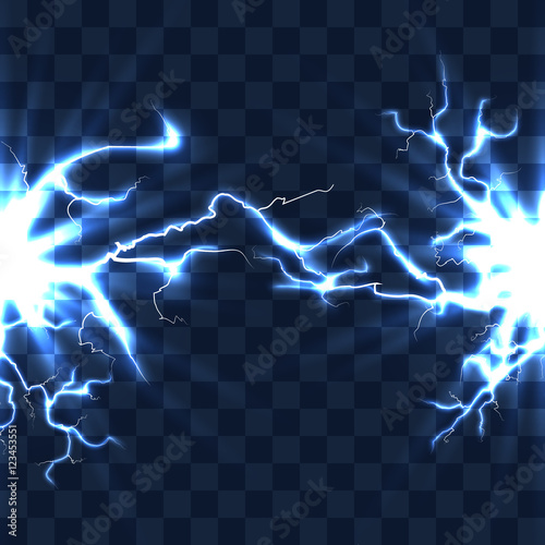 Electrical discharge with lightning beam isolated on checkered transparent background vector illustration