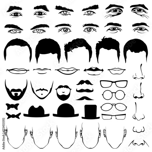 Man face eyes and noses  mustaches with glasses  hats or lips  hairstyle