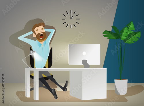Of tired businessman working late at night in the office, vector illustration