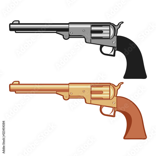 Silver and gold Vector Revolver Gun isolated on white.