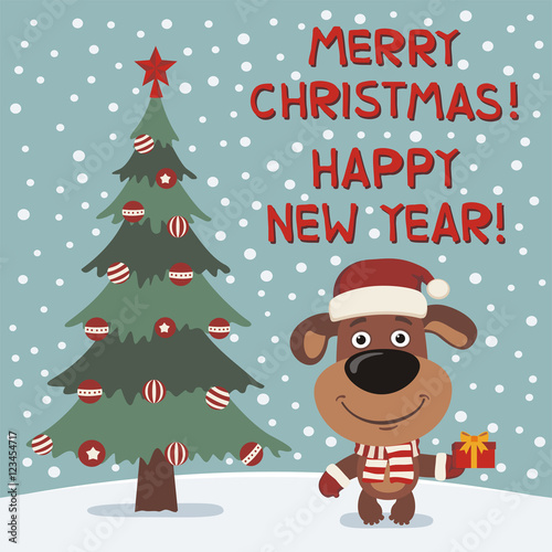 Merry Christmas and Happy New year! Funny puppy dog with gift near Christmas tree. Card in cartoon style.