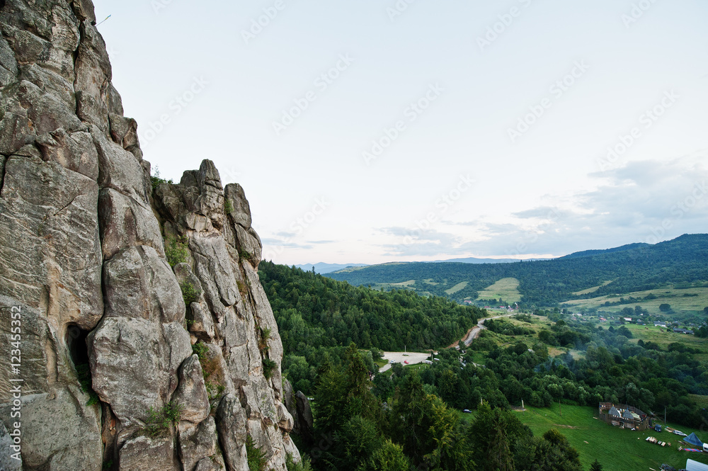 Tustan fortress ruins of rocks at Carpathian Ukraine. View on ca