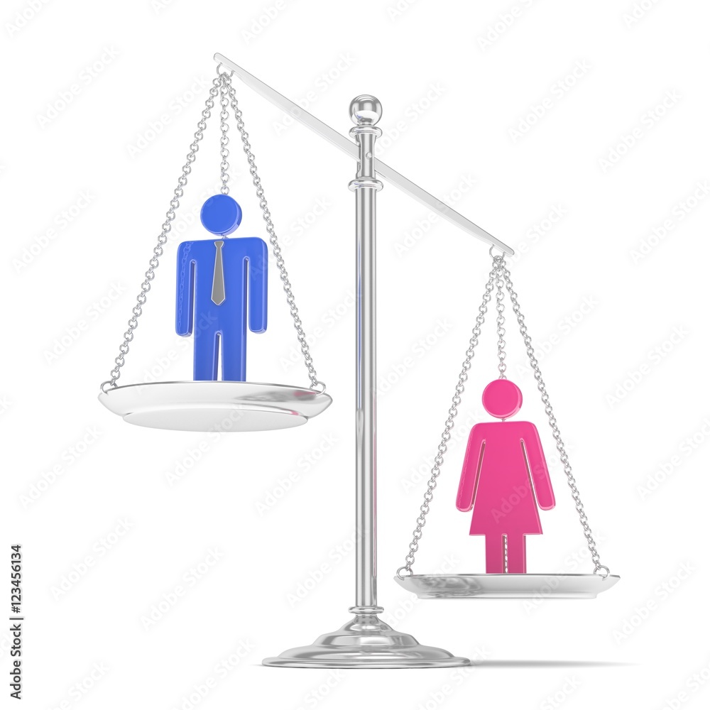 Isolated old fashioned pan scale with man and woman on white background. Gender inequality. Female is heavier. Law issues. Colorful model. 3D rendering. Isolated old fashioned pan scale with man and woman on white background. Gender inequality. Female is heavier. Law issues. Colorful model. 3D rendering.