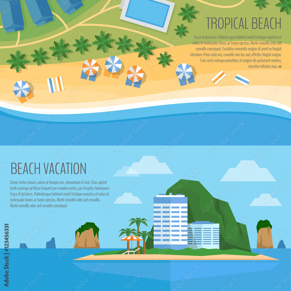 Top view of a tropical beach. Palm trees, umbrellas and lounge chairs on the beachfront. Summer holiday. Vector Illustration, flat design style. Top view of a tropical beach. Palm trees, umbrellas and lounge chairs on the beachfront. Summer holiday. Vector Illustration, flat design style.